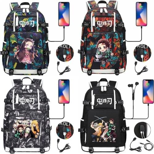 Demon Slayer Kimetsu No Yaiba USB Charging Backpack Canvas Bag Kamado Tanjirou School Bags Mochila Fashion Feminina Notebook Bag
