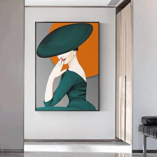 Modern Orange Fashion Woman Wall Art Canvas Print Minimalist Abstract Hat Girl Poster Painting Sexy Lady Picture Home Room Decor