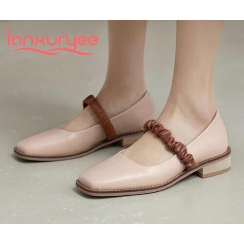 Lanxuryee genuine leather square toe med heel pleated handmade brand shoes young lady daily wear slip on sweet women pumps L45