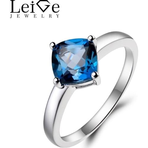 Leige Jewelry Wedding Ring London Blue Topaz Ring November Birthstone Cushion Cut Blue Gemstone 925 Sterling Silver for Women