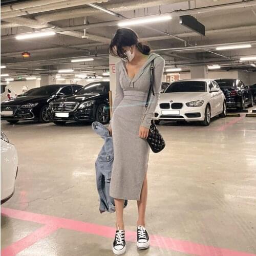 Spring All-match Slim Wrap Hip Grey Long Sleeve Split Hooded Hoodies Dress Women Cotton Casual Vestido Feminino Oversize Fashion