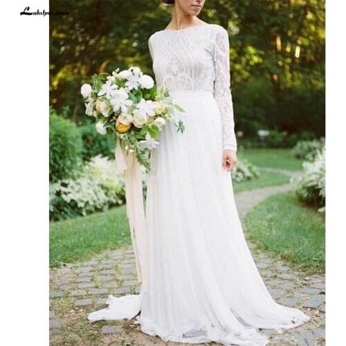 Bohemian Country Chiffon A Line Wedding Dresses 2020 With Long Sleeves Bateau Neck Lace Applique Boho Bridal Gowns Cheap