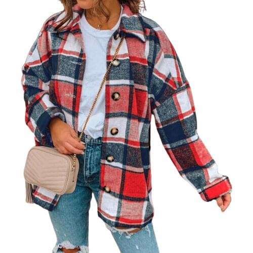 Plus Size Women Long Sleeve Plaid Shirt Jacket Autumn Winter Buttons Coat Loose Outerwear Blouse Coat