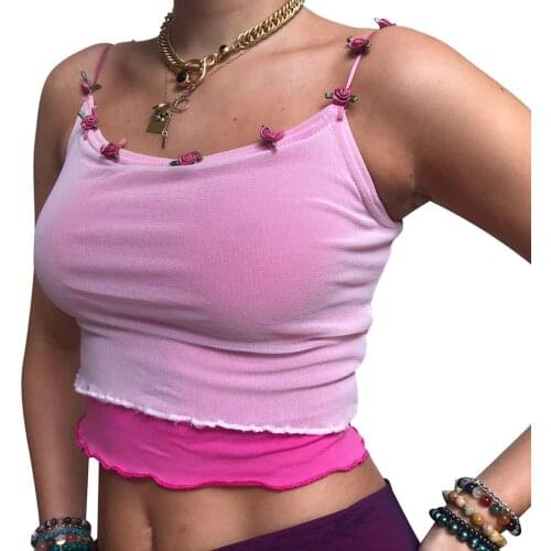 2021 Ladies Summer Sexy Midriff-baring Camisole, Girls Flower Decoration Double Layer U-neck Sleeveless Top Slim Base Shirt