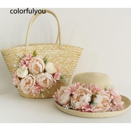 Luxury Designer Beach Bag High Quality Straw Bags Women Summer Handmade Flowers Travel Basket Tote Bag with Sun Hat 2021 NEW
