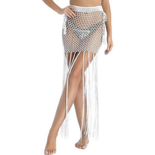 Women Hollow Out Grid Bodycon Mini Skirts Lace-Up Side Crocheted Tassels Skirts High Waist Cover Ups Fringed Bikini Skirts
