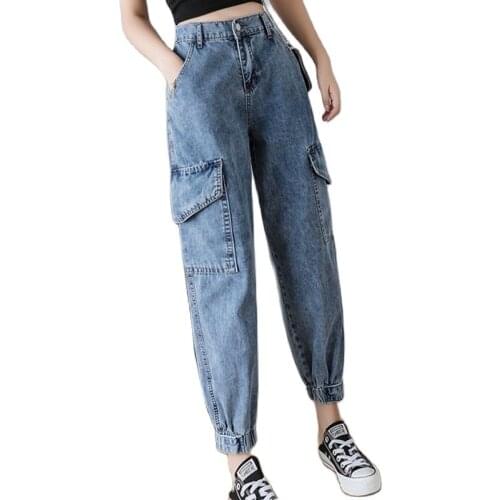 High Waist Jeans Woman Plus Size Street Style Elastic Waist Denim Pants Cotton Loose Coated Vintage Washed Boyfriend Jeans 2021