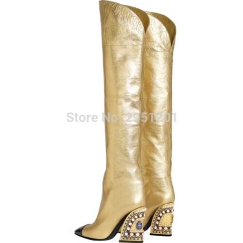 Luxury Wedge Boots Gold High Heel Boot Woman Knee Winter Fur Boots Ladies High Heel Shoes Women Shoe Diamond Pearl Boots