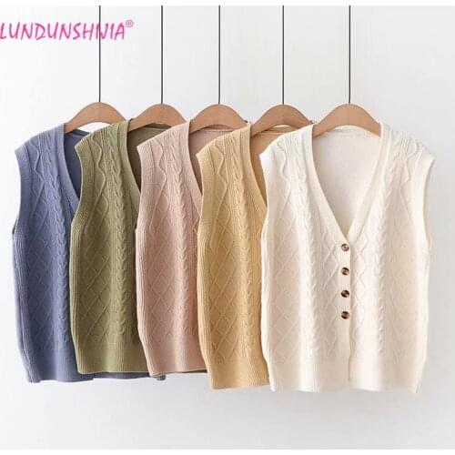 LUNDUNSHIJIA Women Cardigan Vest 2019 Spring Autumn Fashion Loose Knitted V-Neck Sleeveless Sweaters Vest Waistcoat 5 Colors