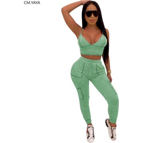 2019 Women summer stripes spaghetti strap crop top & pencil pants suit two piece set casual sporting tracksuit 3 color GLR6215