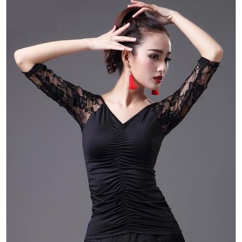 2020 Adult Black Lace Latin Dance Middle Sleeve Tops Woman Practice Dress Performance V-neck Latin Ballroom Dance Clothes Women