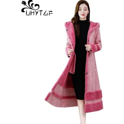 UHYTGF 3XL Plus size coats female quality lamb cashmere winter wool coat fashion hooded plus velvet warm long woolen jacket1063