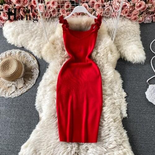 HangCode Summer Dress 2021 Sexy V-neck Sleeveless Package Hips Knitted Dress Women Bodycon Vestidos