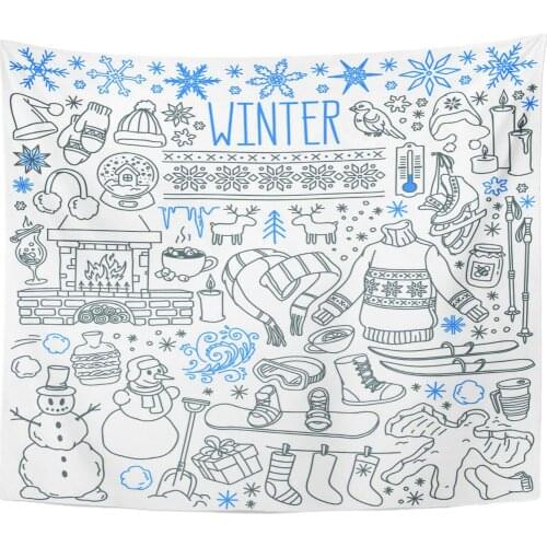 Winter Season Doodle Snowflakes Icicles Classic Ornaments Knitted Wear Sports Freehand Drawings Over Home Decor Tapestry Wall