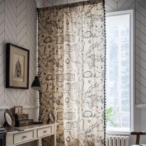 1.5M Width Map Tassel Curtains Room Living Kitchen Curtains Cotton Linen Semi-shading Bay Window Curtains Home Decoration