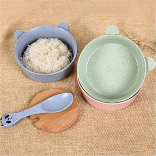 2 Pcs/Set Baby Feeding Food Tableware Panda Wheat Kid Dishes Eco-Friendly Children Training Dinnerware Plate Bowl Spoon