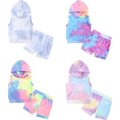 2021 NEW !! Tie-dye tracksuits / Tops with hoody sleevesless + shorts set