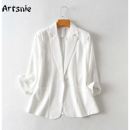 Artsnie Autumn 2021 White Casual Blazer Women Notched Long Sleeve Single Breasted Coats Pockets Oversized Ladies Blazer Coats