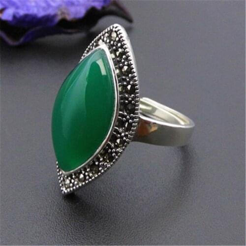 BESTLYBUY Luxury Big Green Agates Wedding Engagement Valentine Day Gift 100% Sterling Silver 925 Jewelry Opening Rings For Women