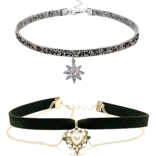 Black Leather Velvet Heart Choker Necklace Layer Chockers Vintage Gothic Jewelry Goth Baroque Necklace for Women