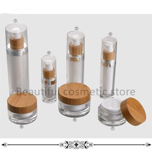 Eco bamboo jar container 15g/30g/50g plastic acrylic cream jars wooden lids cosmetic packaging skin care cbd hemp oil 15ml 30ml