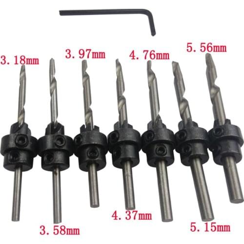 7pcs Flute Woodworking Chamfer HSS Countersink Drill Bit Set Wood Drilling Quick Change 3.18mm 5.56mm+Wrench