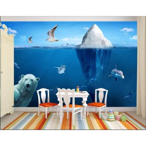 WDBH Custom photo mural 3d wallpaper Blue iceberg polar bear dolphin background home decor living room wallpaper for walls 3d