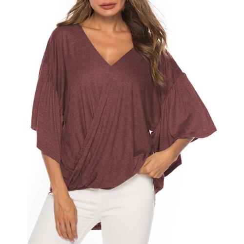 Fashion Sexy Lotus Leaf Sleeve V-neck Cotton T-shirt Solid Color Casual Loose Large Size Womens Shirt Womens Summer T-shirt