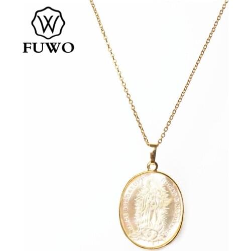 FUWO Carve Oval Shape Madonna Virgin Mary Shell Necklace with Gold Bezel Trimmed Raw Seashell Jewelry For Women Gift NC511