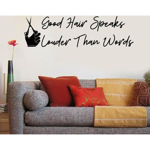 Good hair speaks louder than words Quote Words wall Stickers Hand holding scissors Decal Hairdressing Scissors barbershop DG043