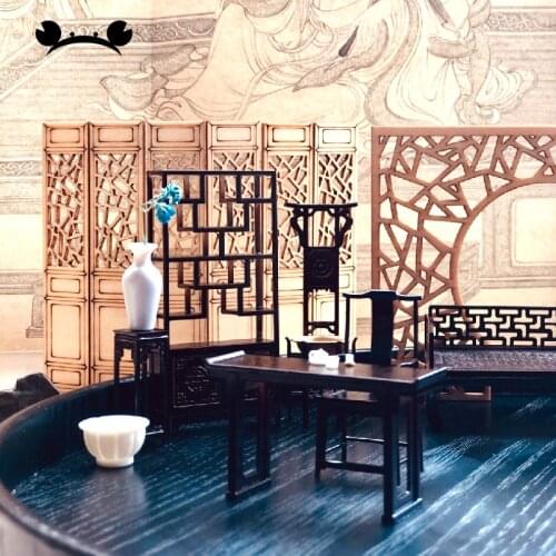 1:25 Dollhouse mini Furniture Miniature Doll accessories Chinese Style Plastic Model Bed Table Chair Cabinet Shelf