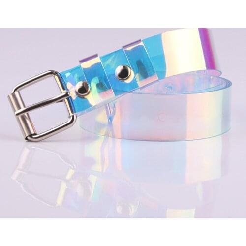 Fashion Women Transparent Belt Cute Waistband Laser Rainbow Color Holographic Clear Pin Buckle Invisible Punk Wide Waist Bands