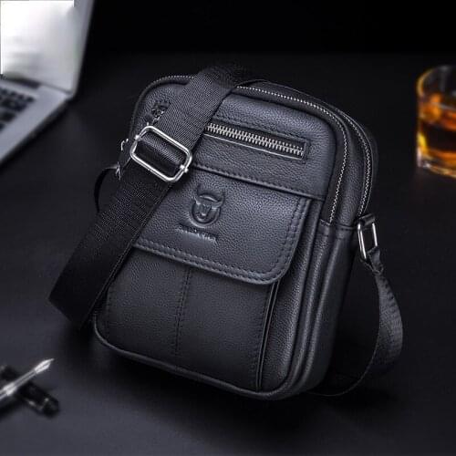 Mens genuine leather shoulder messenger top layer cowhide business casual Korean style vertical student mini cashier bag