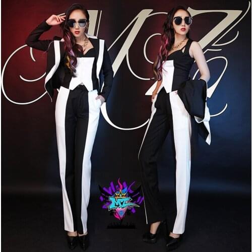 2019 New Bar nightclub DJ female singer DS Korean temperament Slim Dazhuang atmosphere black white suit+vest+pants 3pcs costume