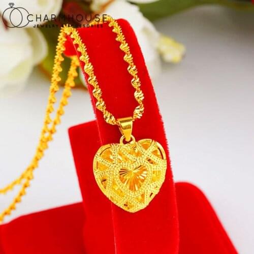 Yellow Gold GP Necklaces For Women Exquisite Heart Pendant & Necklace Collier Femme Waterwave Chain Choker Wedding Jewelry Gifts