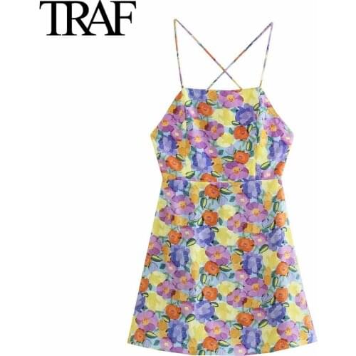 Traf Za Women Fashion Sleeveless Dress Summer Female Floral Dresses Sexy A-line Mini Skirt Back Zipper Evening Vestidos Mujer