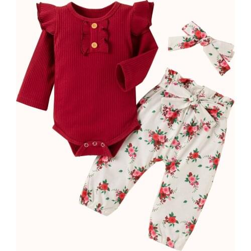 New 3 Pcs Casual Outfits, Toddler Ribbed Fly Sleeve Round Neck Playsuit + Flower Print Bow Trousers + Headband