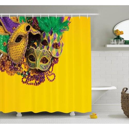 Mardi Gras Shower Curtain Festive and Colorful Group of Venetian Carnival Masks and Accessories Bathroom Waterproof Curtains