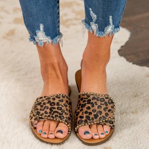 Sandals Summer Leopard Print Slippers Studded beads Flat Open Tea Beach Slippers Women Sandals Plus Size 35-43