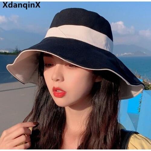 XdanqinX Foldable Summer Womens Panama Hat Novel Japanese Style Big Eave Bucket Hats New Double-sided Wearable Female Beach Hat