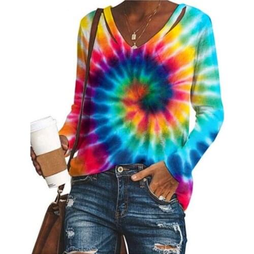Oversized Long Sleeve Top Y2k Women Tops Women Long Sleeve V Neck Tie Dye Printed New Style Fashion Colorful Top Elasticity
