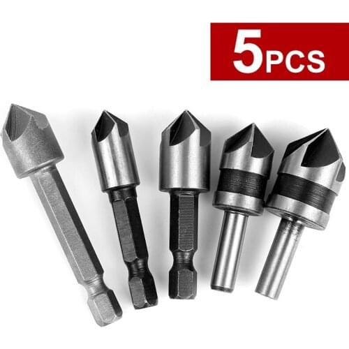 5pcs Flute Chamfering Countersink Drill Bit 1/4" Hex/Round Shank Metal Working Chamfer 82 Degree Chamfering Cutter Woodworking