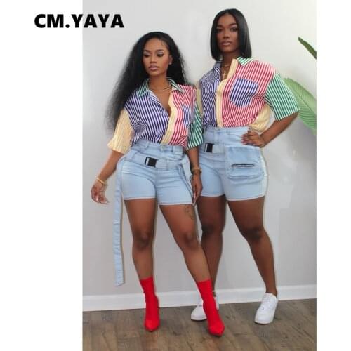 CM.YAYA Multicolor Striped Patchwork Women Short Sleeve Blouses and Shirts with Pocket Button Up Fashion Streetwear Outfits Tops