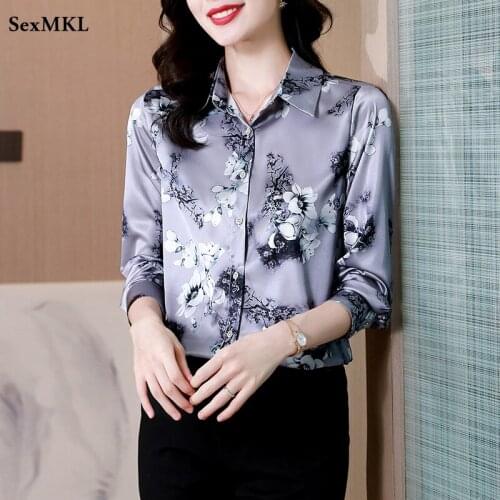 Women Office Button Up Silk Shirt 2021 Koran Fashion Long Sleeve Chiffon Blouses Elegant Floral Printed Sexy Ladies Tops Mujer