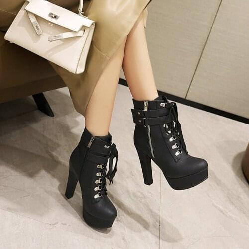 Autumn Winter Mid Calf Boots Ladies Platform Super High Heel Motorcycle Boots Cross Tied Belt Buckle Double Zipper Womens Shoes
