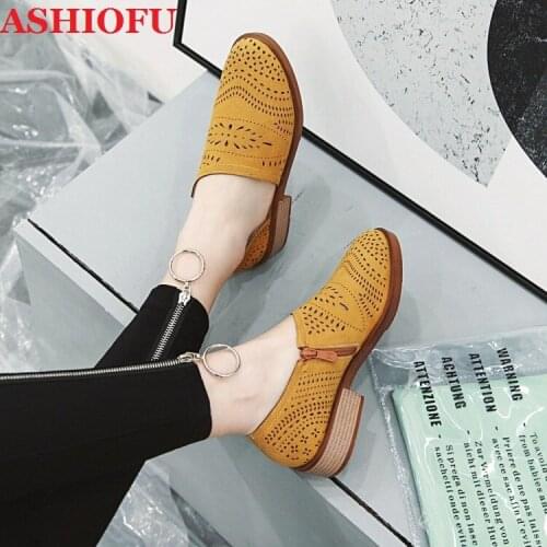 ASHIOFU New Hot Sale Womens 3cm Block Heels Pumps Cut-out Breathable Party Casual Shoes Slip-on Daily Wear Office Fashion Shoes