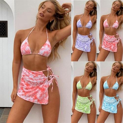 Women Tie Dye 3 Piece Swimsuit Sets Halter Bra + High Waist Thong + Wrap Skirt For Women Ladies Bathing Suits Bikini Sets