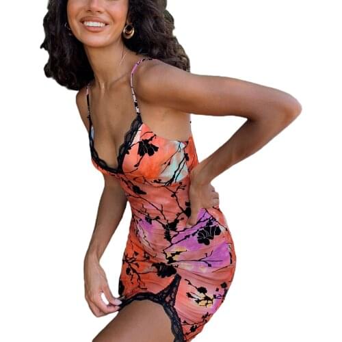 Ladies Slim Suspender Sexy Dresses Women Summer Temperament Branch Plant Printing Lace Edge Sleeveless Short Strap Dress 2021