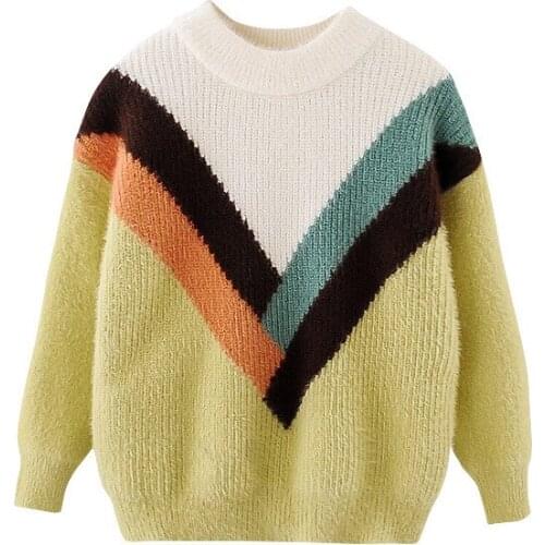 Girls winter thick knitted sweater girls mink velvet plaid knitted sweater fashion color matching pullover warm sweater girls