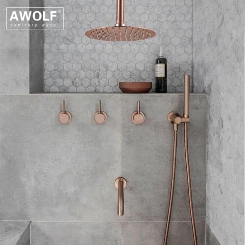 Bathroom Shower Set Brushed Rose Gold Simplicity Solid Brass 8" Shower Head Faucet Mixer Tap Shower Bath Black Chrome AH3023